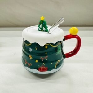 Christmas Ceramic Mug with Lid - Christmas Tree Lid with Straw