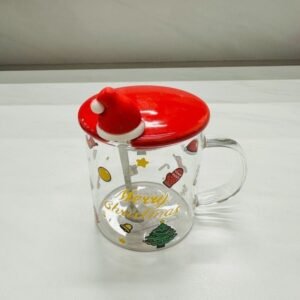 Christmas Ceramic Mug with Lid - Santa Hat Glass with Spoon