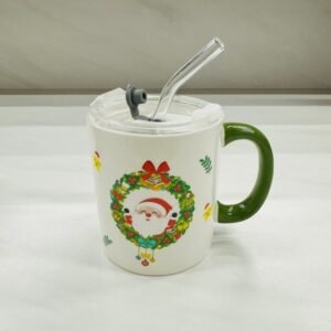 Christmas Ceramic Mug with Lid - Wreath Glass with Straw